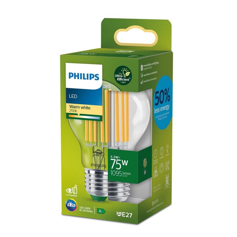 PHILIPS Classic E27 Ultra Efficientes LED Leuchtmittel 5,2W wie 75W warmweißes Licht in trendiger Filamentoptik 2700K - Aktion: Nur noch angezeigter Bestand verfügbar