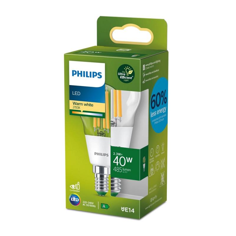 Besonders effiziente PHILIPS E14 LED Filament Tropfenlampe 2,3W = 40W 2700K warmweißes Licht - Beste Energie Effizienz Klasse