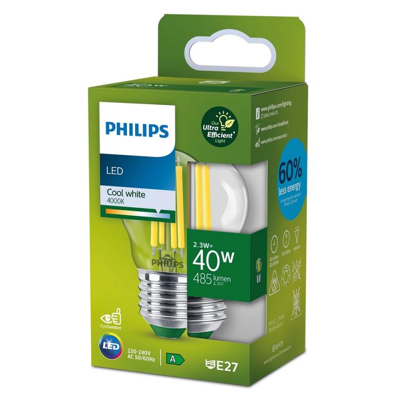 Besonders effiziente PHILIPS E27 LED Filament Tropfenlampe 2,3W = 40W 4000K neutralweißes Licht - Beste Energie Effizienz Klasse