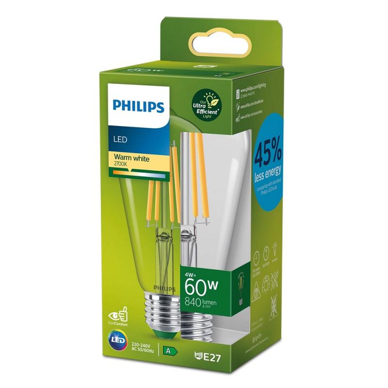 Besonders effiziente PHILIPS E27 LED Filament Lampe 4W = 40W 2700K warmweißes Licht - Beste Energie Effizienz Klasse