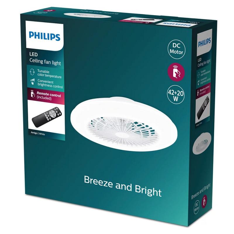 Philips Amigo Deckenventilator mit LED-Beleuchtung 20W+40W, Durchmesser 49cm, rund, inkl. Fernbedienung