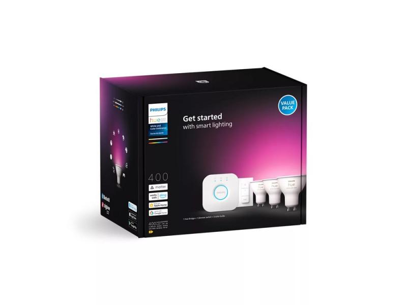 Philips Hue White & Color Ambiance Starter Set mit 3 x GU10 RGBW Lampen 4,2W wie 35W & Bridge &  Dimmschalter