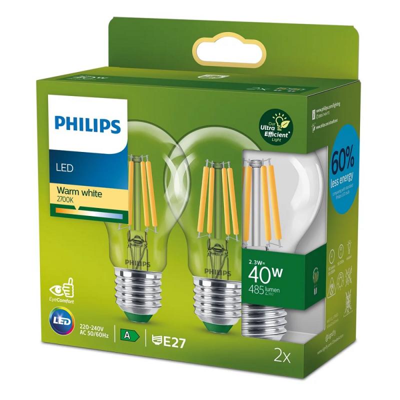 2er Pack PHILIPS Classic E27 Ultra Efficientes LED Leuchtmittel 2,3W wie 40W warmweißes Licht in trendiger Filamentoptik 2700K