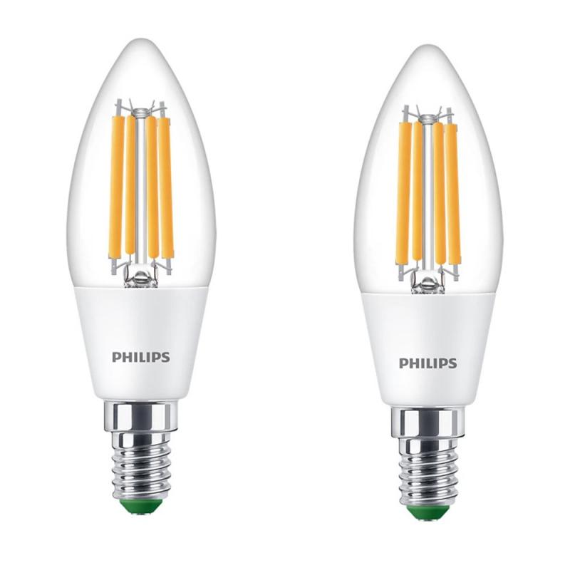 2er Pack Besonders effiziente PHILIPS E14 LED Filament Kerzenlampe 2,3W = 40W 2700K warmweißes Licht