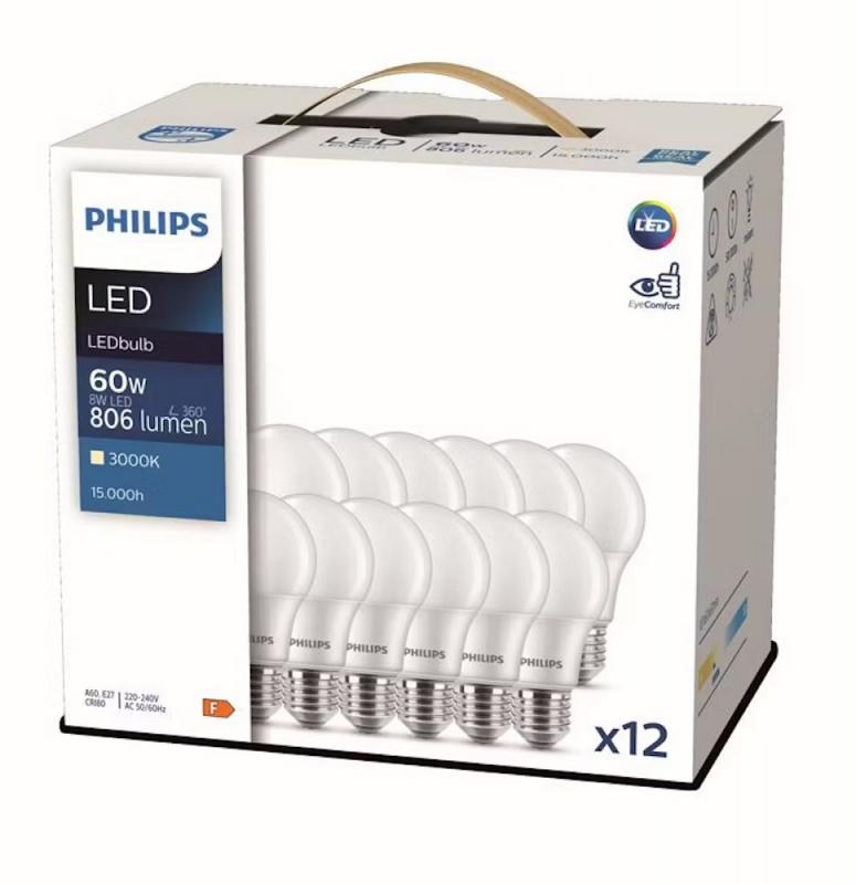 12er Sparpack E27 PHILIPS LED-Lampen matt 8W wie 60W Warmweißes Licht 3000K