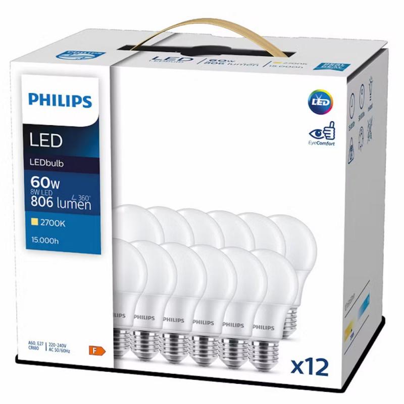 12er Sparpack E27 PHILIPS LED-Lampen matt 8W wie 60W Warmweißes Licht 2700K