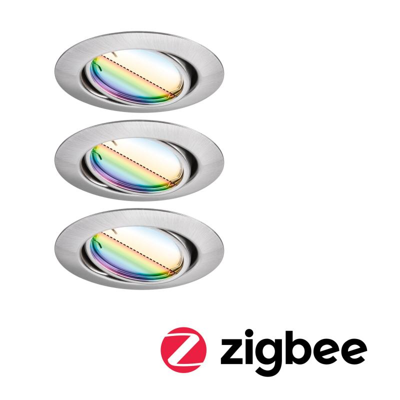Paulmann 92467 LED Einbauleuchte Smart Home Zigbee Base Coin Basisset schwenkbar rund 90mm 20° dimmbar RGBW+ Eisen gebürstet