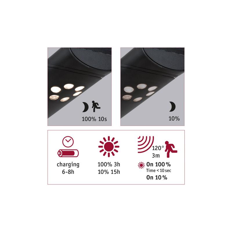 Paulmann 94262 Outdoor Solar Pollerleuchte Ilias IP44 3000K 100lm SENSOR Anthrazit