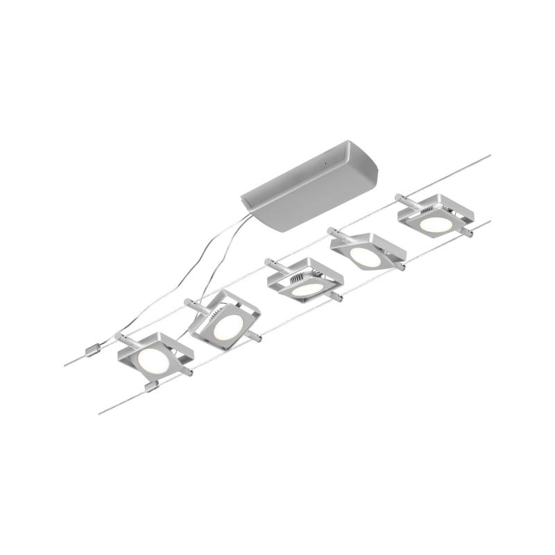 Paulmann Seilsystem Set Mac LED 94420 mit 5 eckigen Leuchtspots in mattem Chrom 12V DC /Metall 3000K