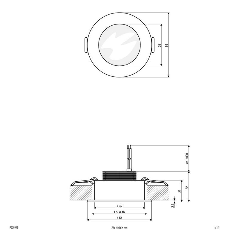 EVN P-LED Decken-Einbaustrahler mit warmweißem Licht rund Alu IP20 3W 3000K EinbauØ46