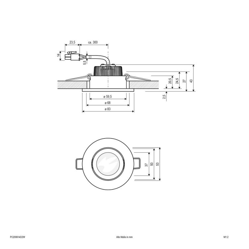 EVN P-LED Decken-Einbaustrahler mit warmweißem Licht & hoher Farbwiedergabe und veränderb. Farbtemperatur rund schwenkbar alu pol. IP20 350mA 6W 3000K-2000K 90Ra EinbauØ68