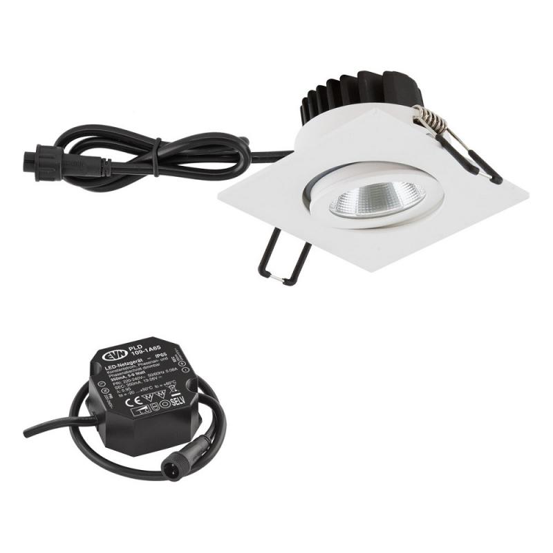 EVN P-LED Decken-Einbauleuchte mit warmweißem Licht dimmbar feuchtraumgeeignet  quad. schwenkbar weiß IP65 8.4W 3000K 1010lm 90Ra EinbauØ68