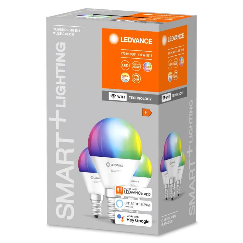 3er Pack LEDVANCE SMART+ WiFi E14 Leuchtmittel in Tropfenform 4,9W RGBW Farbwechsel