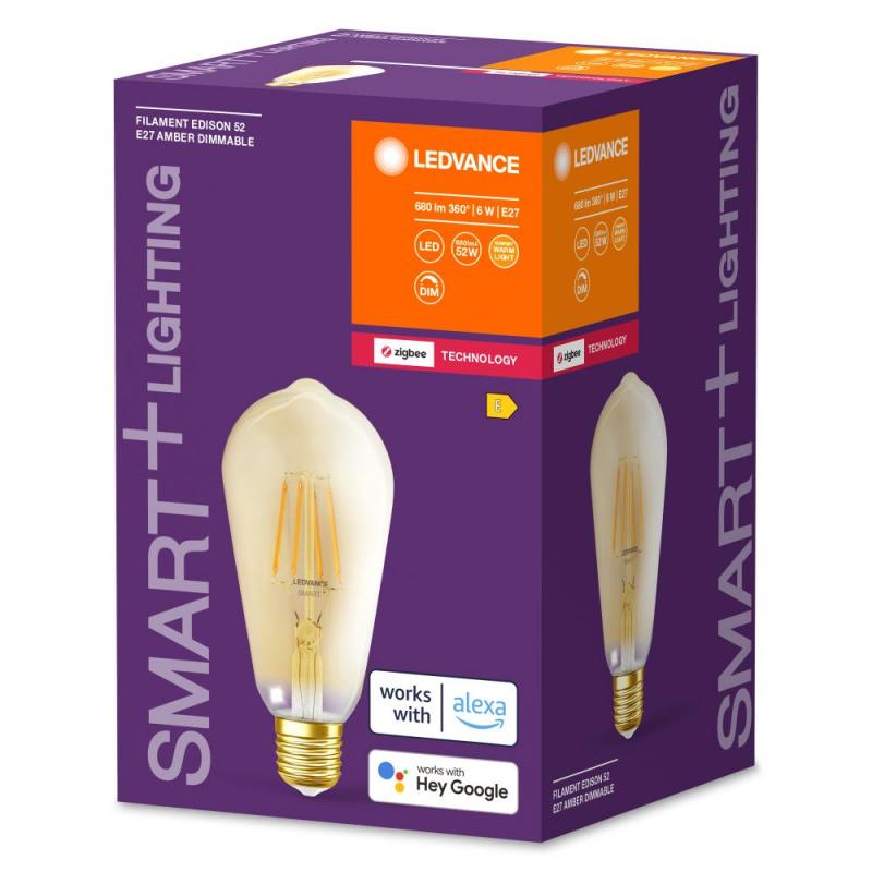 LEDVANCE Smart+ ZigBee Gold Filament LED Lampe 6W wie 52W dimmbar 2400K extra warmweiß - Amazon Alexa, Google Assistant