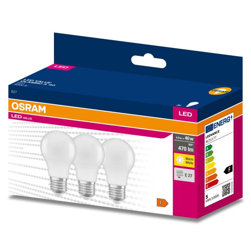 3er Pack OSRAM E27 LED Leuchtmittel Value Class matt 4,9W  wie 40W warmweiß 3000K