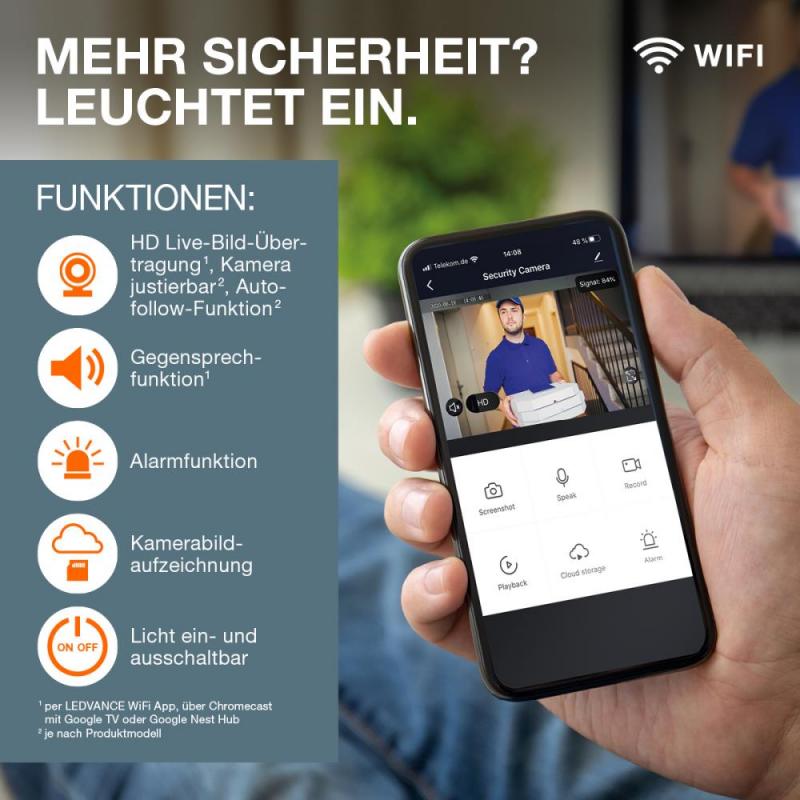 LEDVANCE Smart+ Wifi Camera Multi Spot Schwenkbar mit Sensor, Freisprecheinrichtung, Alarm-Funktion