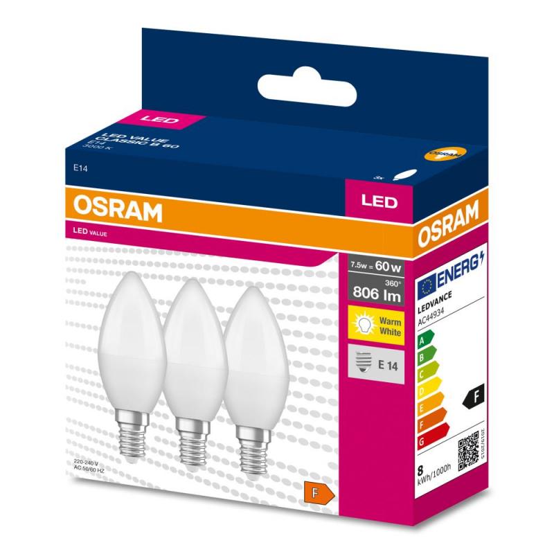 3er Pack OSRAM E14 LED Lampe in Kerzenform matt 7,5W wie 60W warmweißes Licht 3000K