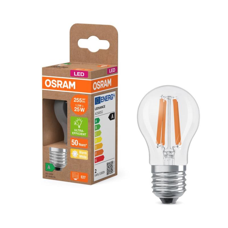 OSRAM E27 LED Lampe Classic klar 1,2W wie 25W warmweißes Licht 2700K - Energy efficiency class A