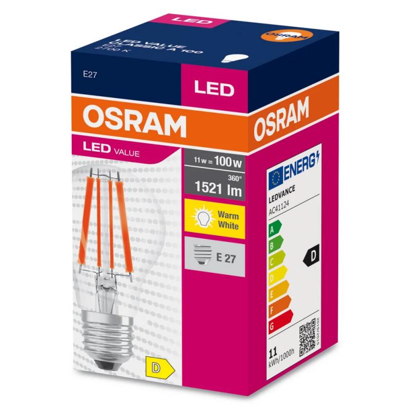 OSRAM E27 LED Lampe Value Classic klares Filament 11W wie 100W 2700K warmweißes Licht