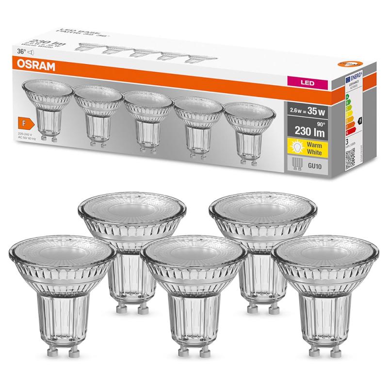 5er-PACK OSRAM LED Base PAR16 GU10 LED Strahler 2.6W wie 35W 36° 2700K Glas