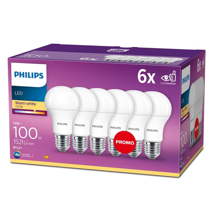 6er Promopack PHILIPS E27 LED Lampen leistungsstark 13W wie 100W warmweisses Licht