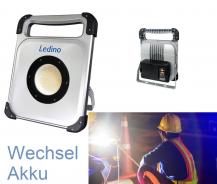 Ledino Akku LED-Baustrahler Veddel 30 Bauleuchte 30W + 3W tageslichtweiss 6500K IP54 mit Wechselakku & Zusatzleuchte & USB