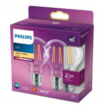 2er Pack PHILIPS E27 LED Lampen 4.3W als 40 Watt Ersatz klar mit Filamentfäden warmweisses Licht